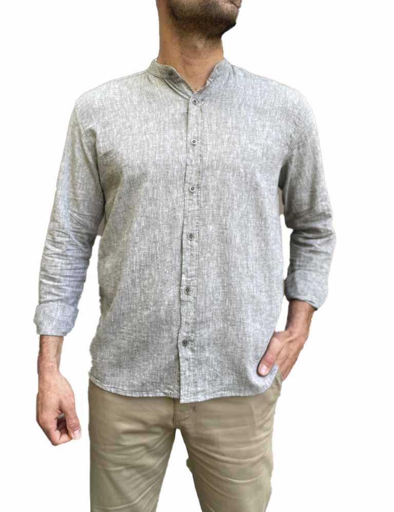 Ανδρικό λινό χακί πουκάμισο με μάο γιακά 9663X φωτογραφία